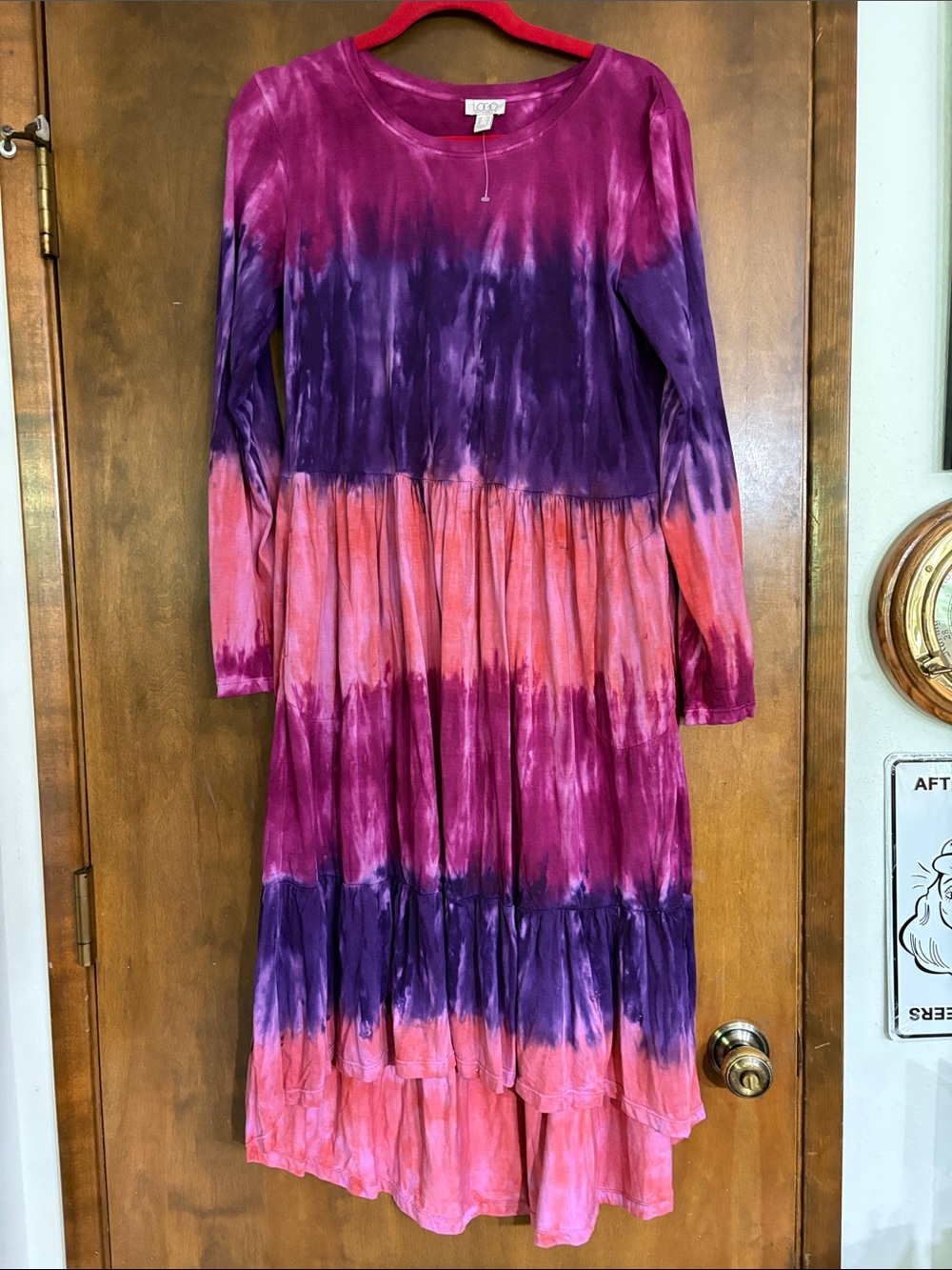 LOGO by Lori Goldstein Pink, Purple & Coral Tie-Dye Tiered Long Sleeve Dress XS